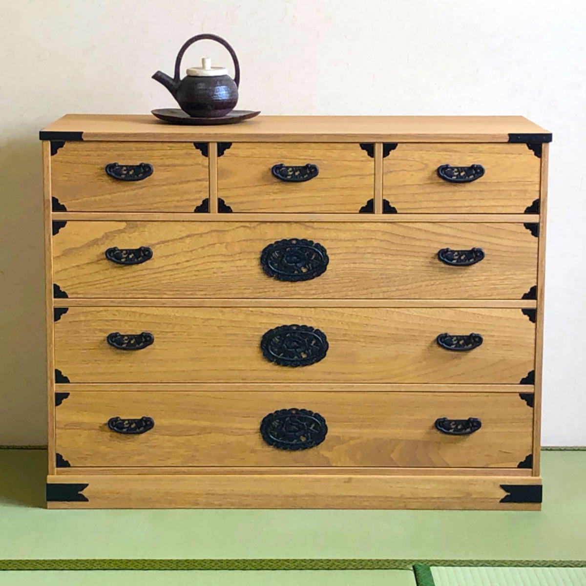 マーゼルン 総桐 民芸たんす 幅100cm 4段 焼桐調オイル仕上げ （ 桐