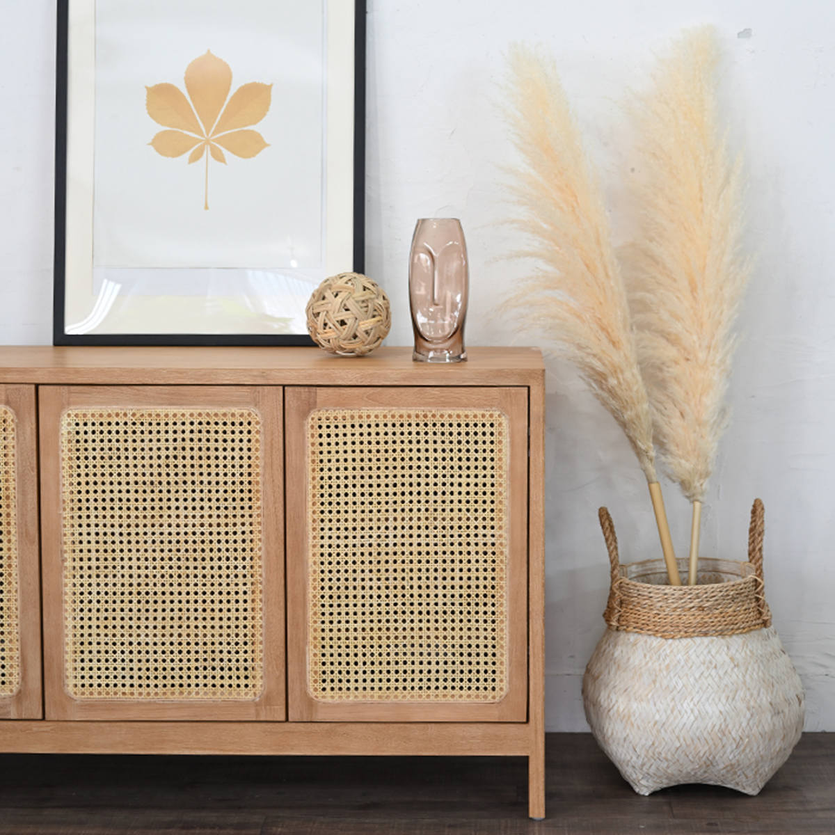 キャビネット ラタン チーク無垢材 KAGOME 120cm幅 （ 収納 棚 扉付き