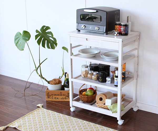 キッチンワゴン 4段 木製 引出し付 タイル天板 SOUP 幅60cm