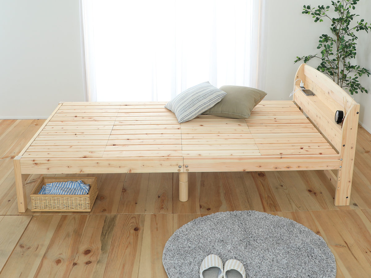 すのこベッド ダブル 国産ひのき 宮棚 2口コンセント付 6本脚 日本製