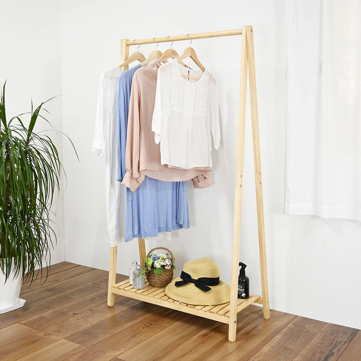 フクダクラフト ハンガーラック A型 棚付 天然木フレーム 幅75cm