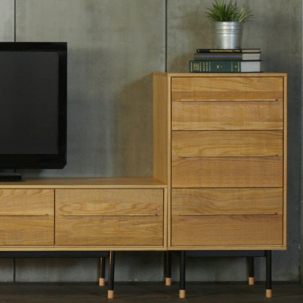 起立木工 サイドチェスト 3段 ヴィンテージ調 オーク無垢材 鋸目