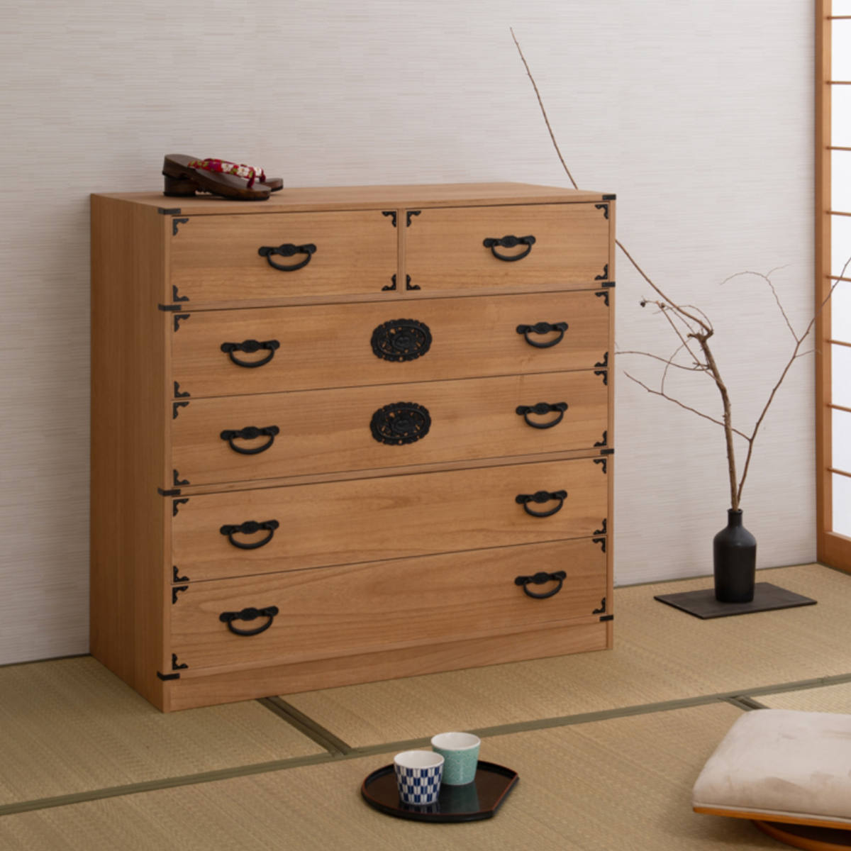 桐 民芸箪笥 幅100cm 5段 水性塗装 積み重ね 室町 （ たんす 収納