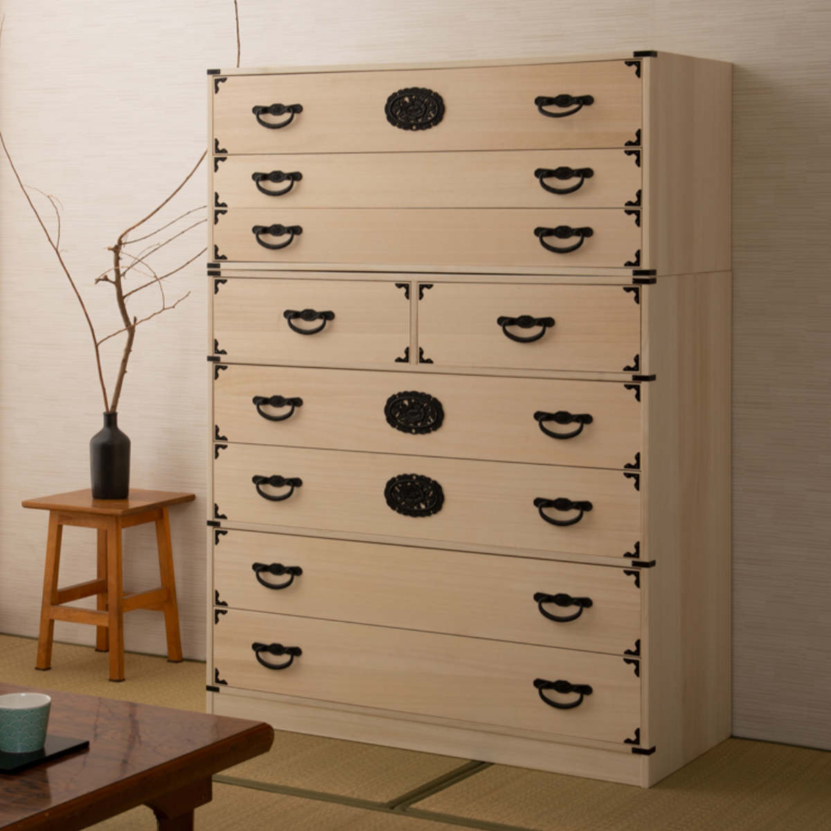 桐 民芸箪笥 幅100cm 5段 生地仕上げ 積み重ね 室町 （ たんす 収納