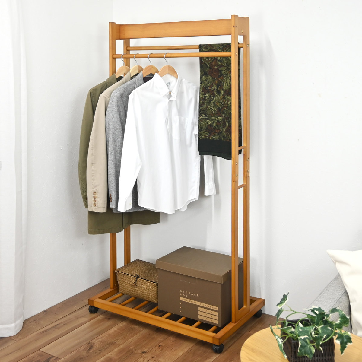 フクダクラフト ハンガーラック ダブル 幅81cm 2段 キャスター付 木製