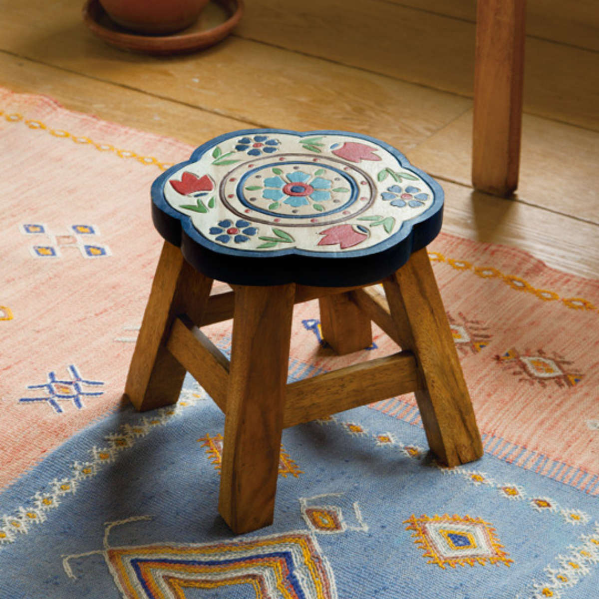 ラウンドスツール イズニック 木製 天然木 高さ23〜25cm （ 丸