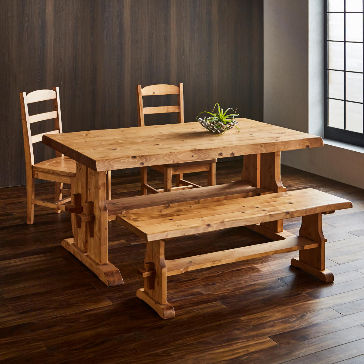 ダイニングチェア 2脚セット 天然木 カントリー調 座面高43cm （ 無垢