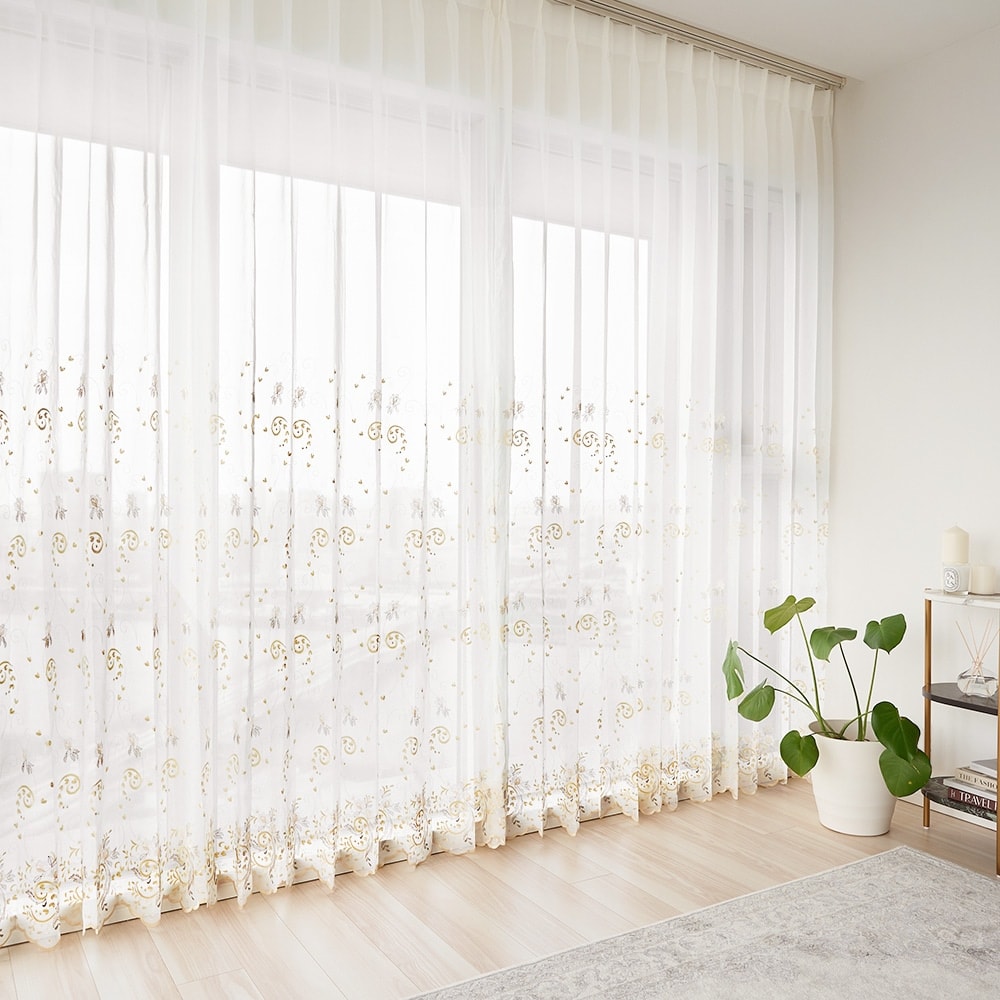 刺繍レースカーテン アンティーク シームレス スカラップ トルコ刺繍