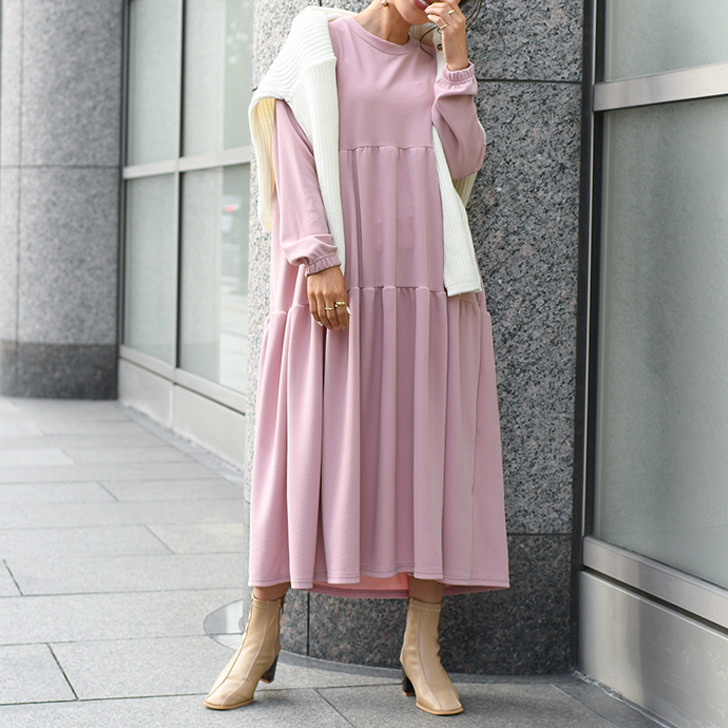 REAL STYLE ワンピース レディース 秋 春 長袖 ロング エンボス