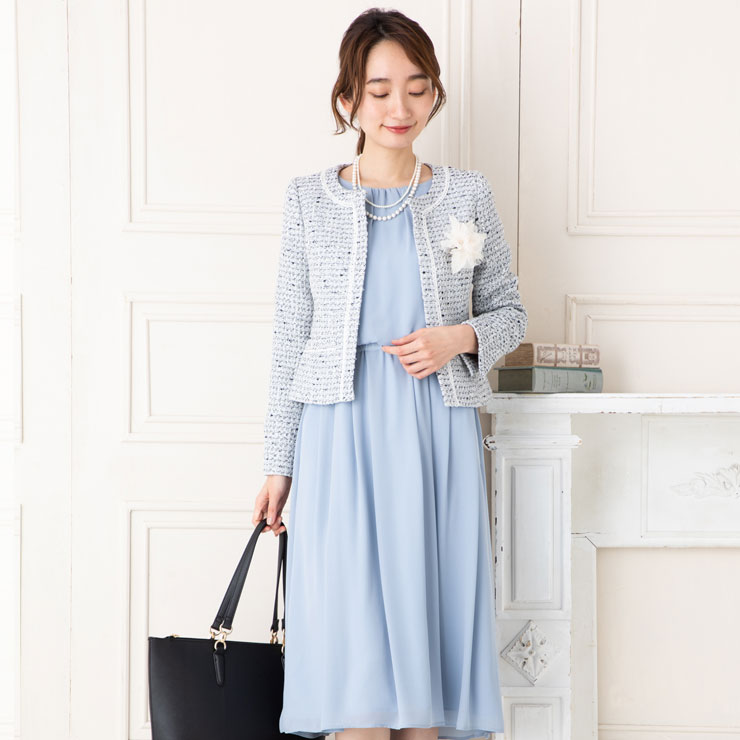 SALE50) (5〜15号)カラーMIXツイード×シフォンジョーゼット2点セット