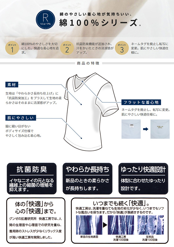 快適工房 グンゼ 紳士長袖U首シャツ 4L (メンズ GUNZE 綿100