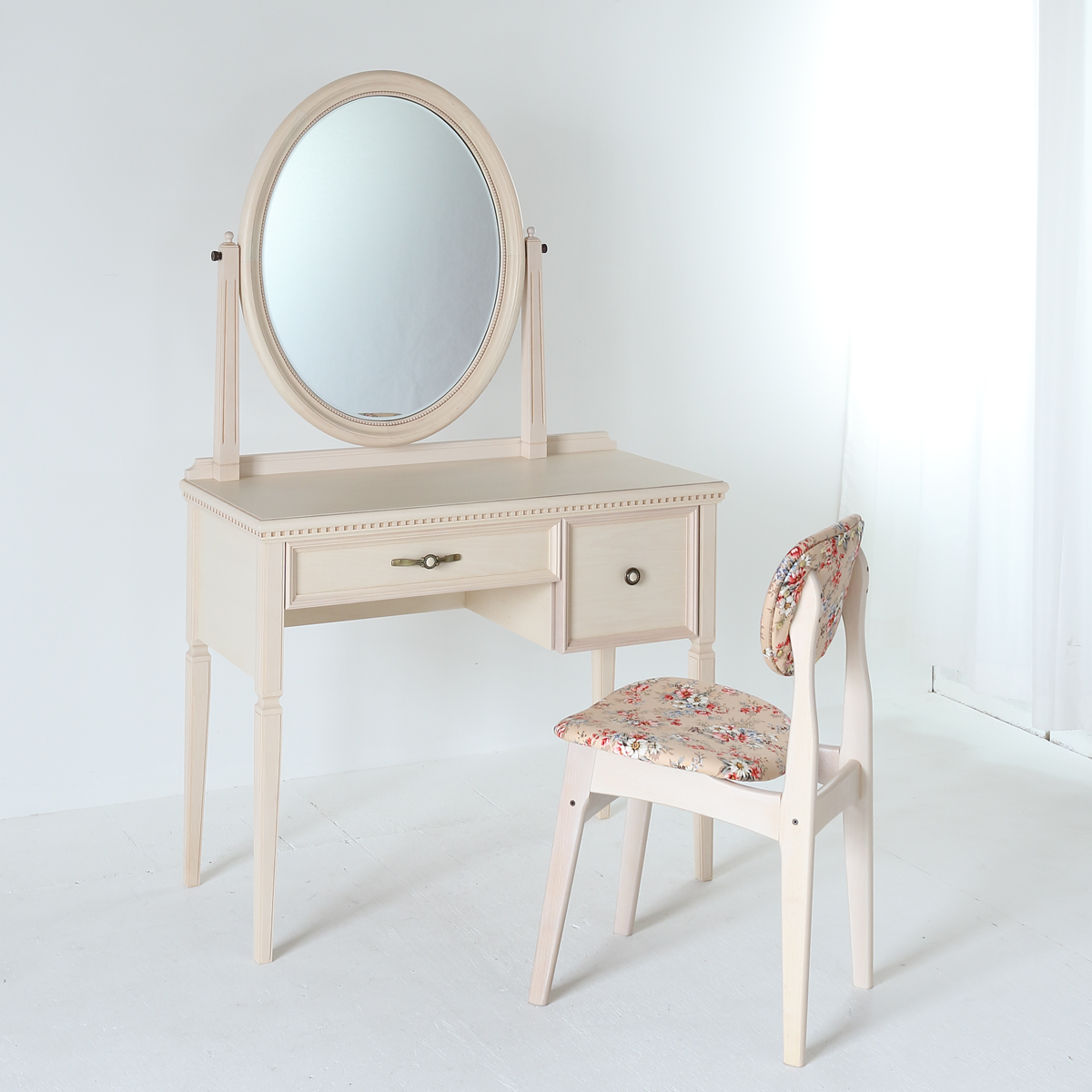 関本家具装芸 ドレッサー 一面鏡 ロワール 椅子付き オールドホワイト