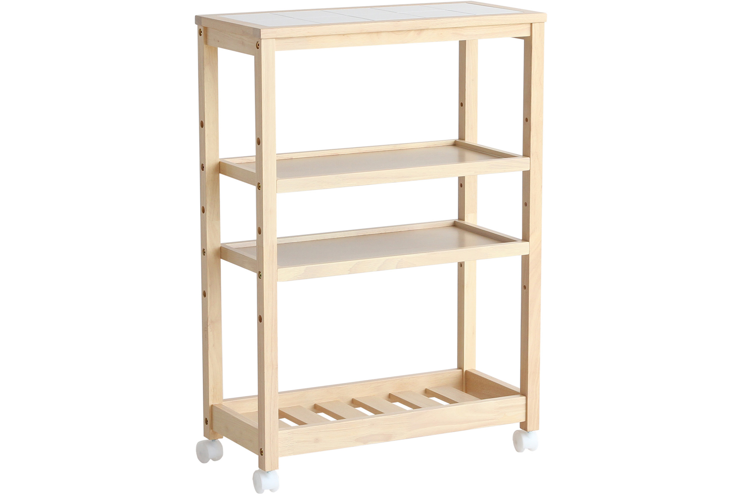 キッチンワゴン キャスター付 4段ワゴン 天然木 木製 ワゴン タイル