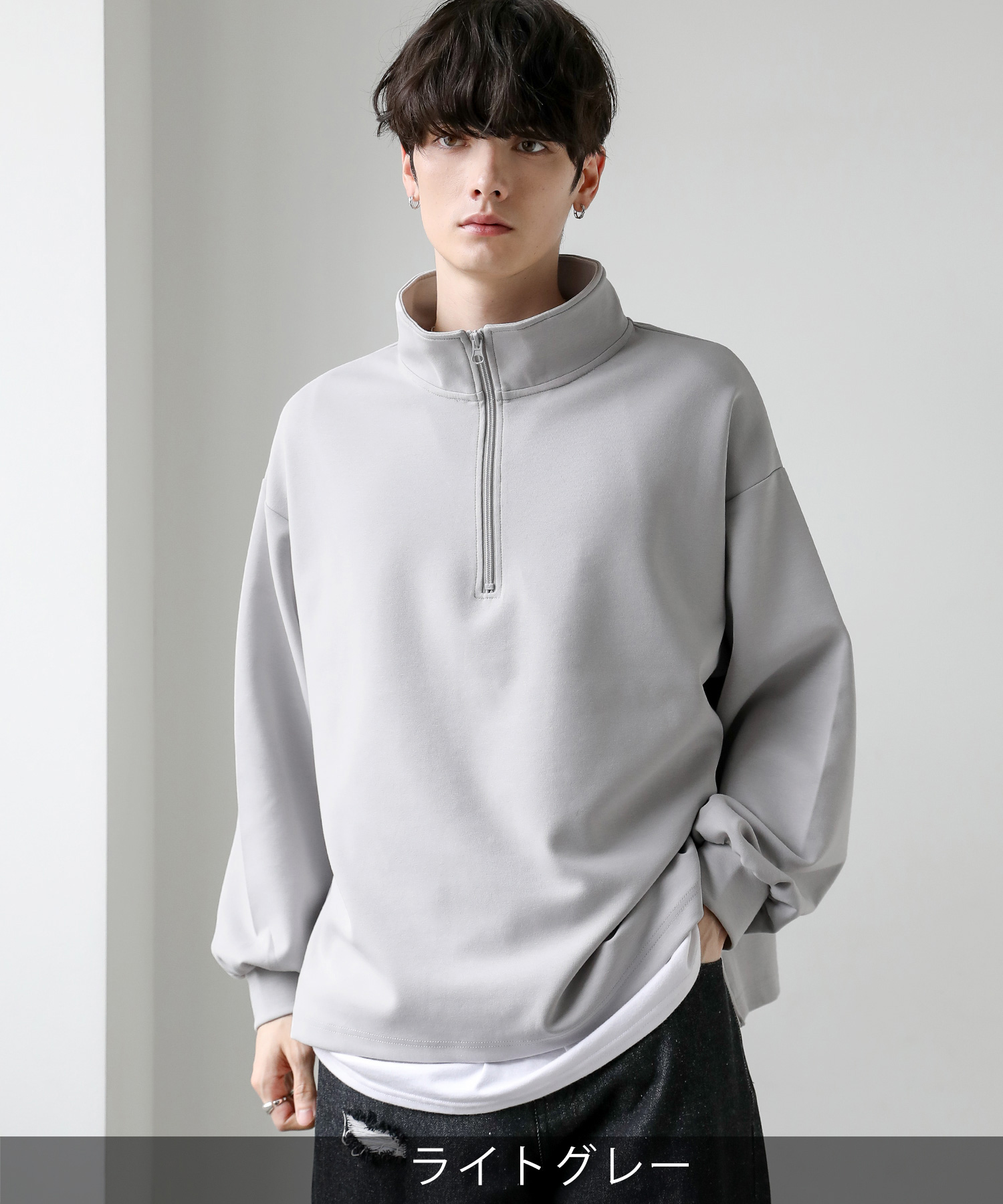 ハーフジップ メンズ コットン ポンチ カットソー S M L XL ブラック