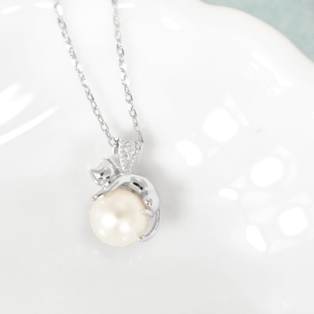 ネックレス レディース 猫 パール ダイヤ ネコ ねこ シルバー 真珠