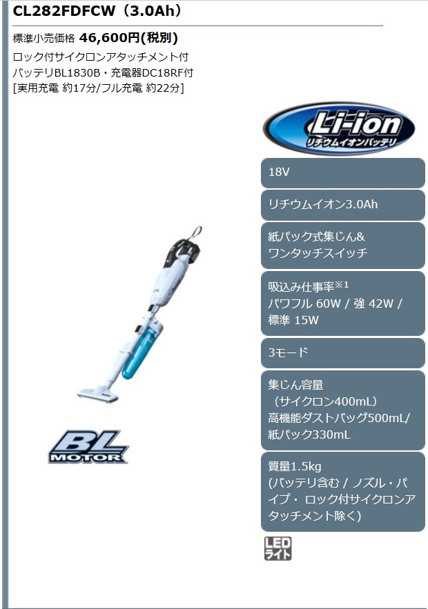 マキタ（makita） 18V 充電式クリーナ CL282FDZCW(本体+ロック付