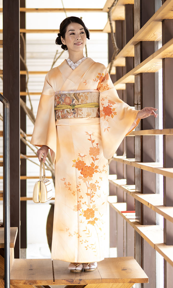レンタル フルセット 高級正絹 訪問着 HO-MI227 洒落柿色 牡丹・菊