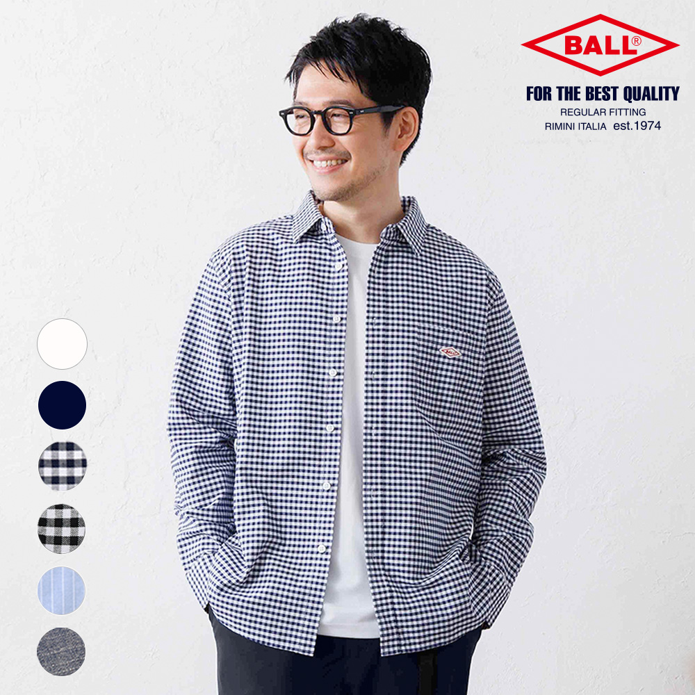 BALL シャツ メンズ オックス レギュラーカラー ギンガムチェック 綿