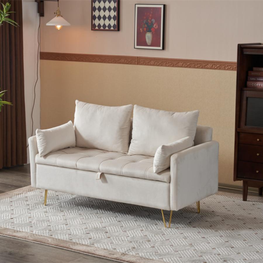 ソファー 収納付き クッション4個付き 2人掛け ソファ 金属脚付き