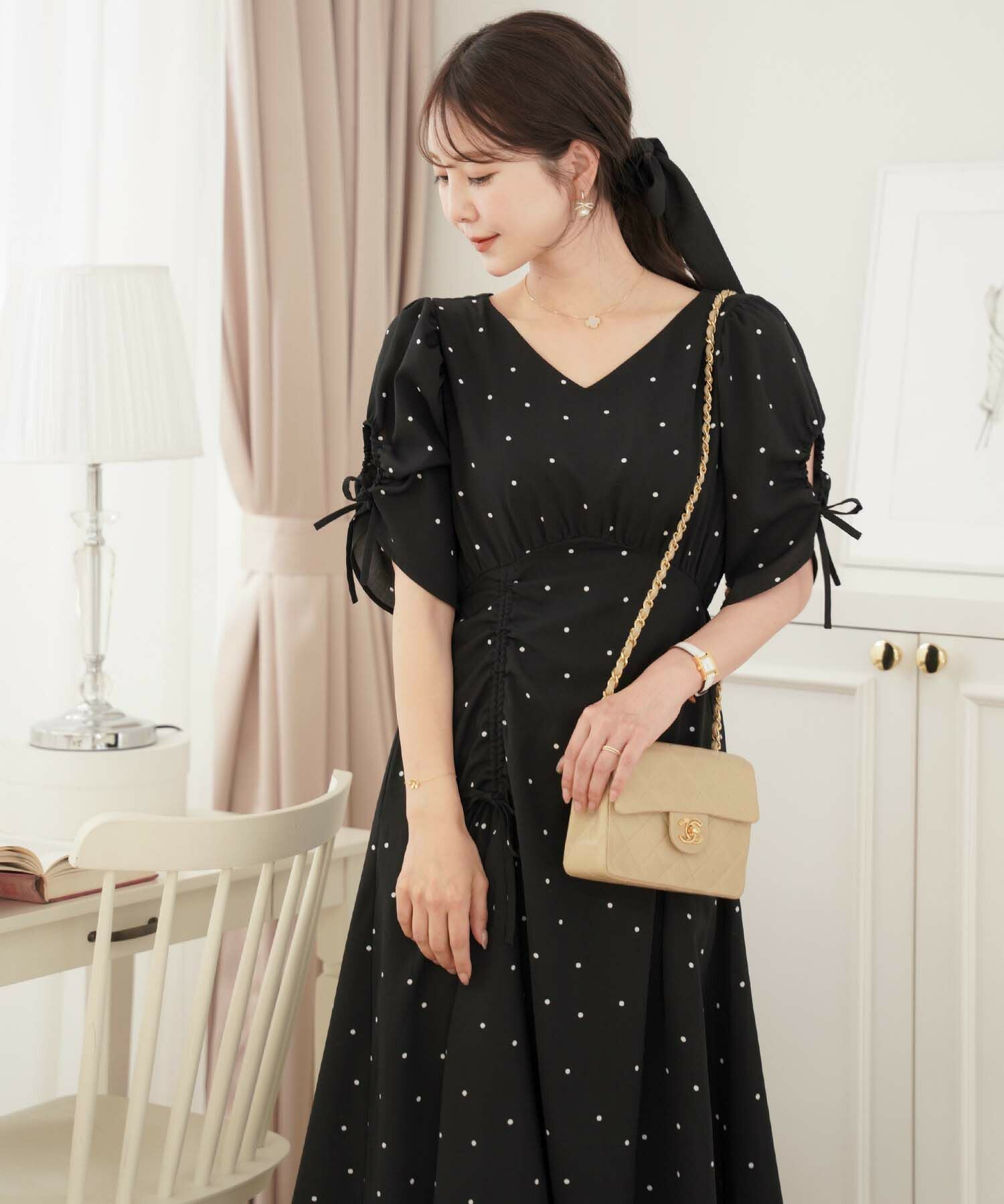 袖開き リボン付き ドット ワンピース le reve vaniller 全3色