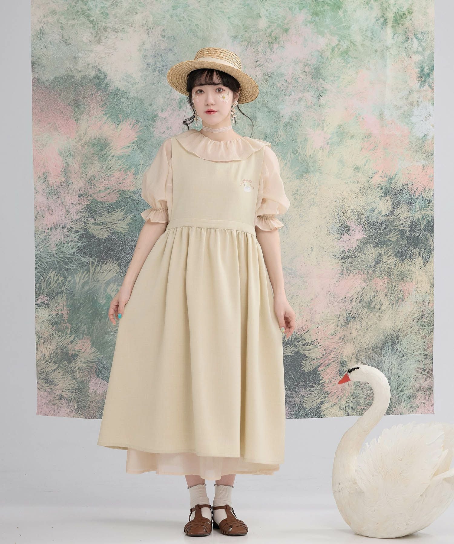 スワン 刺繍 エプロン ワンピース