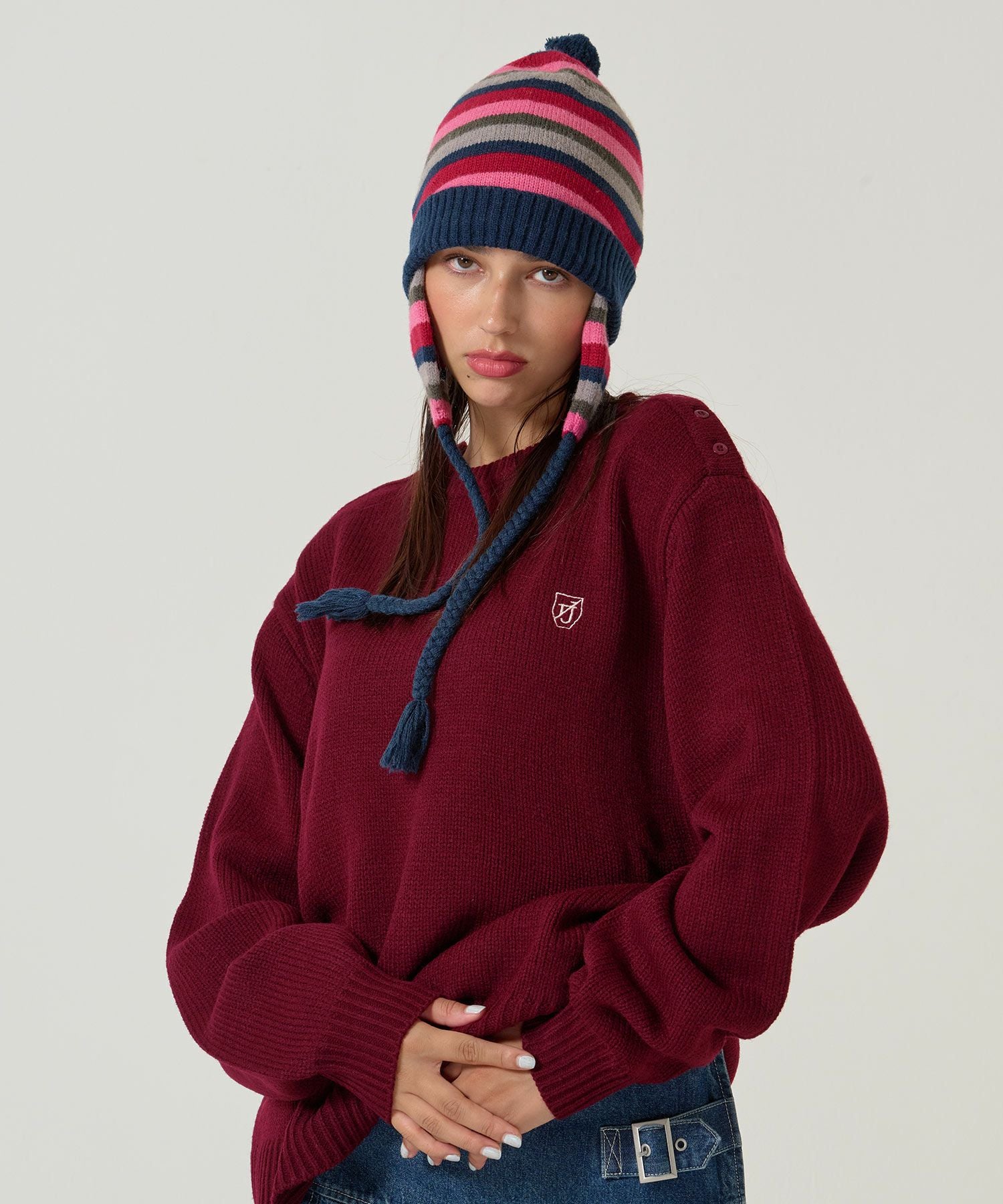 エンブレム付き ショルダーボタンニットプルオーバー TINA：JOJUN 全5