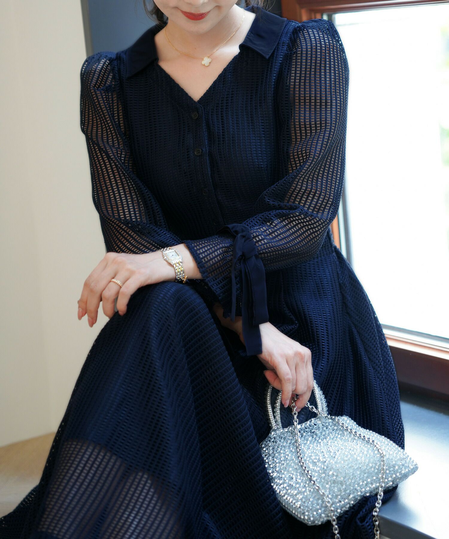 7分袖 リボンフレア レース ワンピース le reve vaniller 全3色