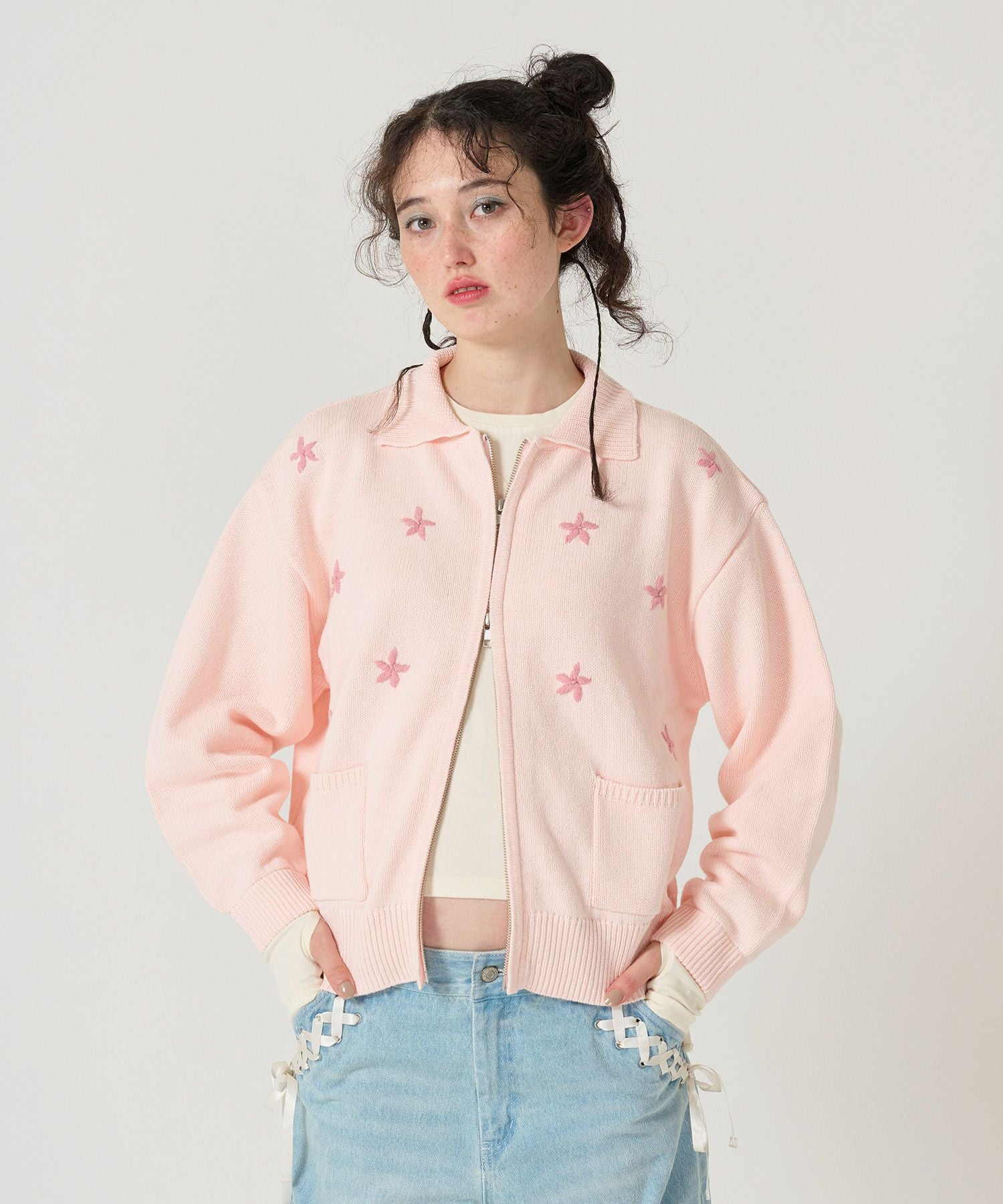 フラワー ジップアップニットジャケット TINA：JOJUN 全3色｜tnj231