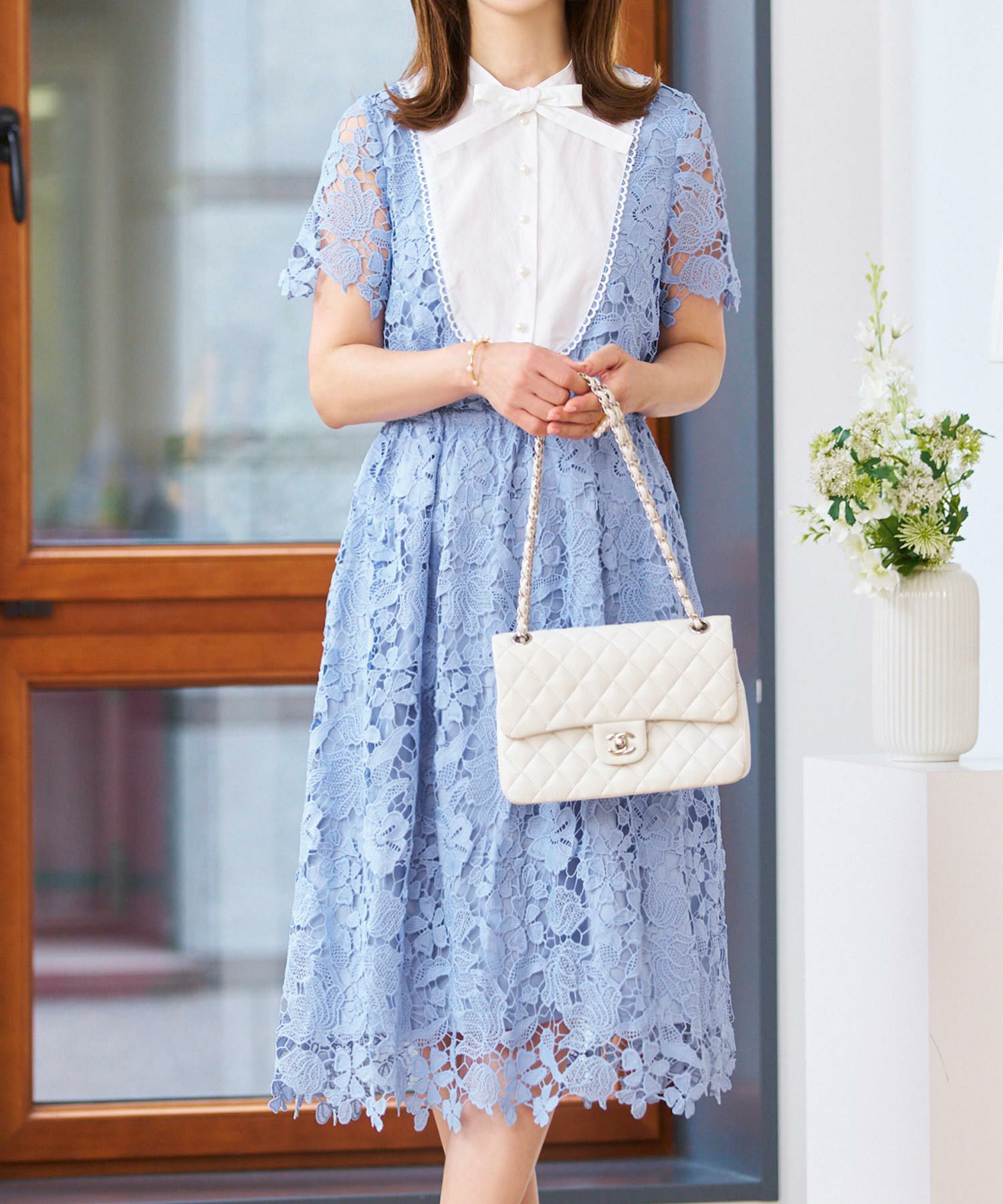 ボウタイリボン 総レース ワンピース 半袖 Prima Scherrer 全3色