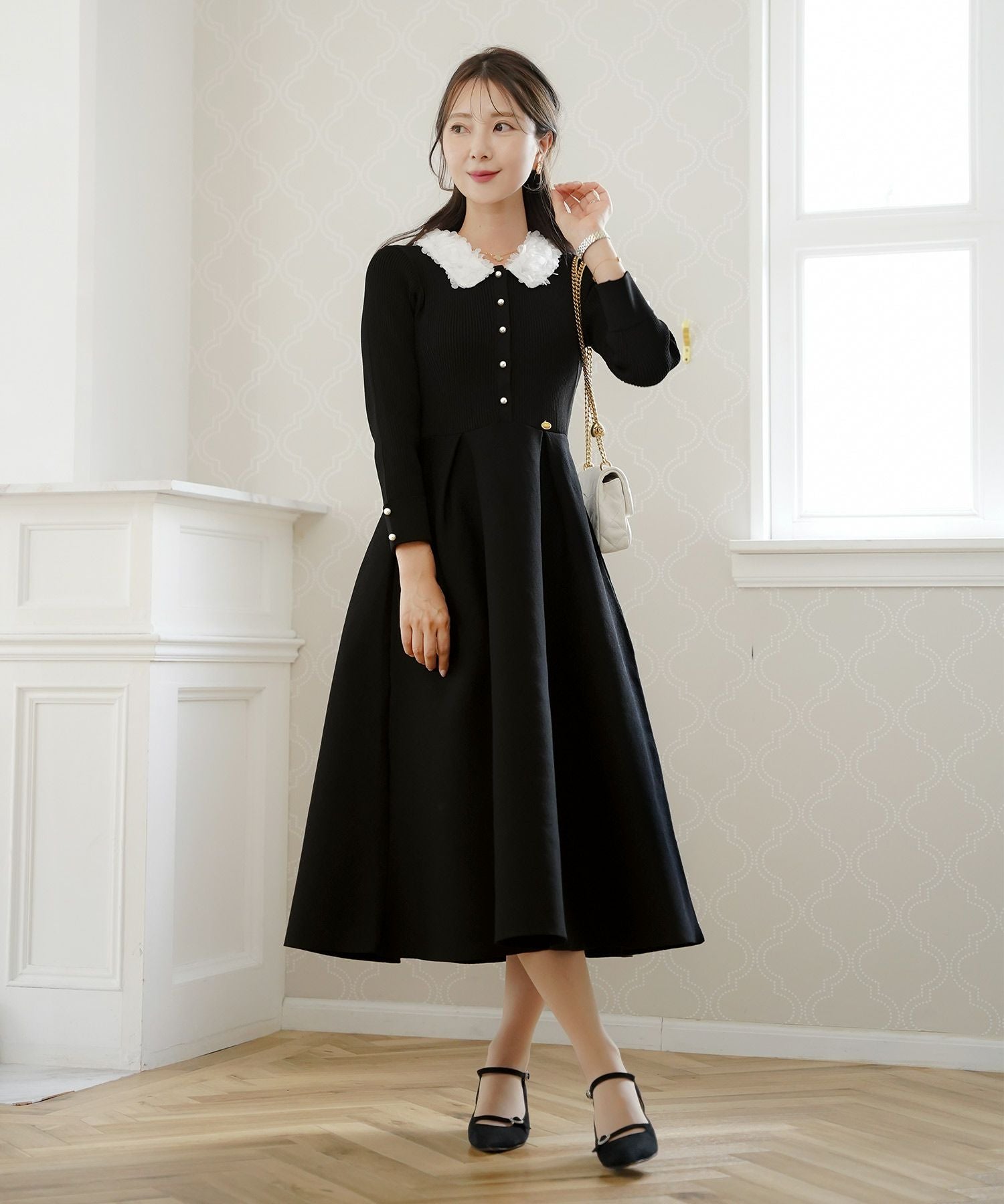 フラワー 襟付き ニット ワンピース le reve vaniller 全5色｜lvn341