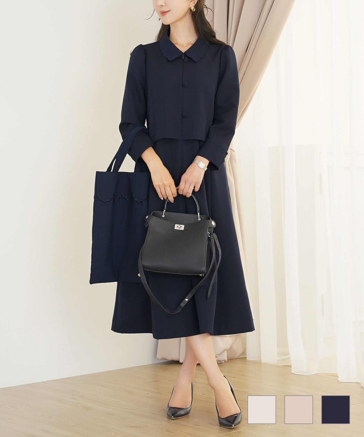 3/中旬～下旬頃発送予定！刺繍 襟付き フロントファスナー ワンピース