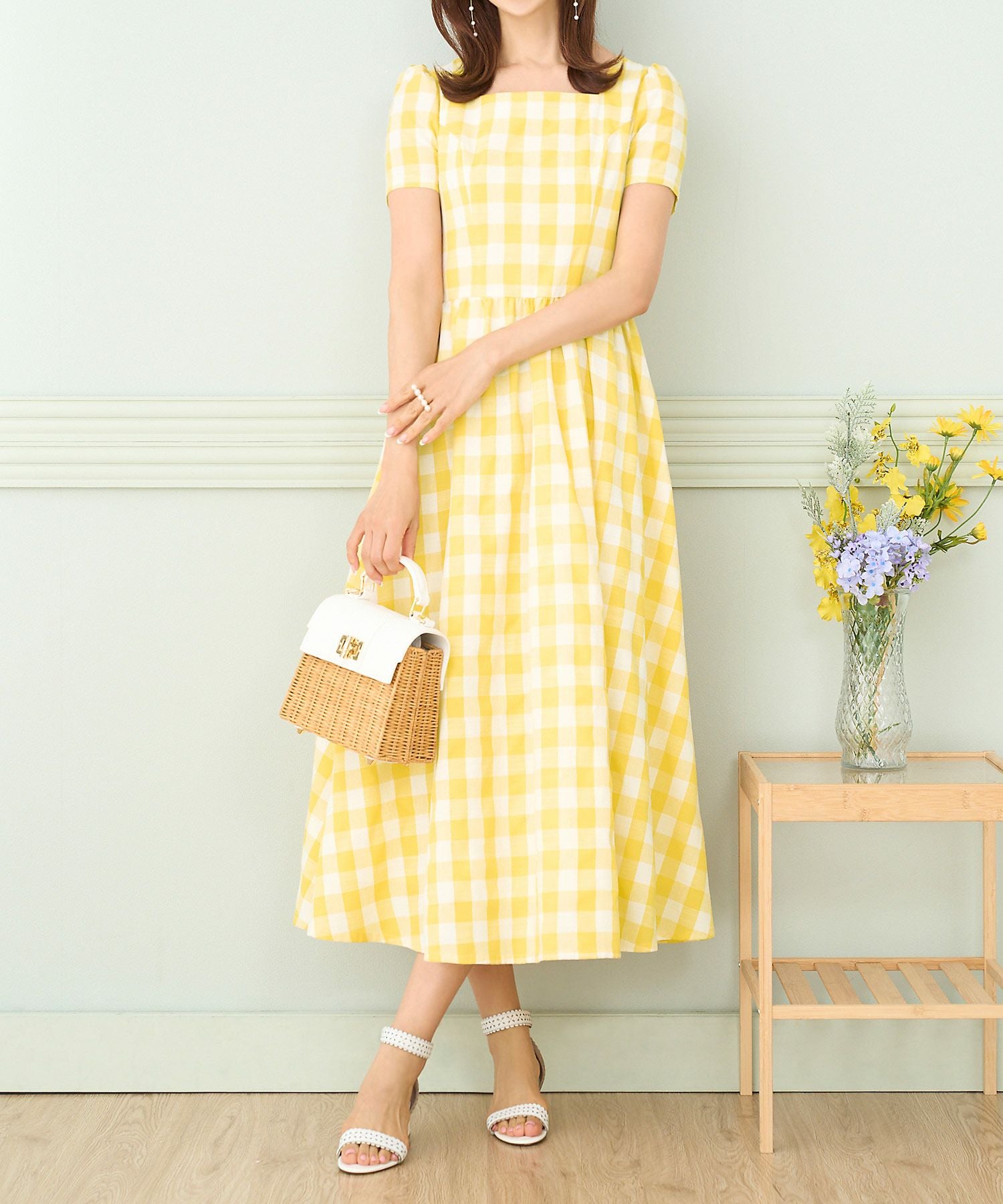スクエアネック ギンガムチェック ワンピース Prima Scherrer 全3色