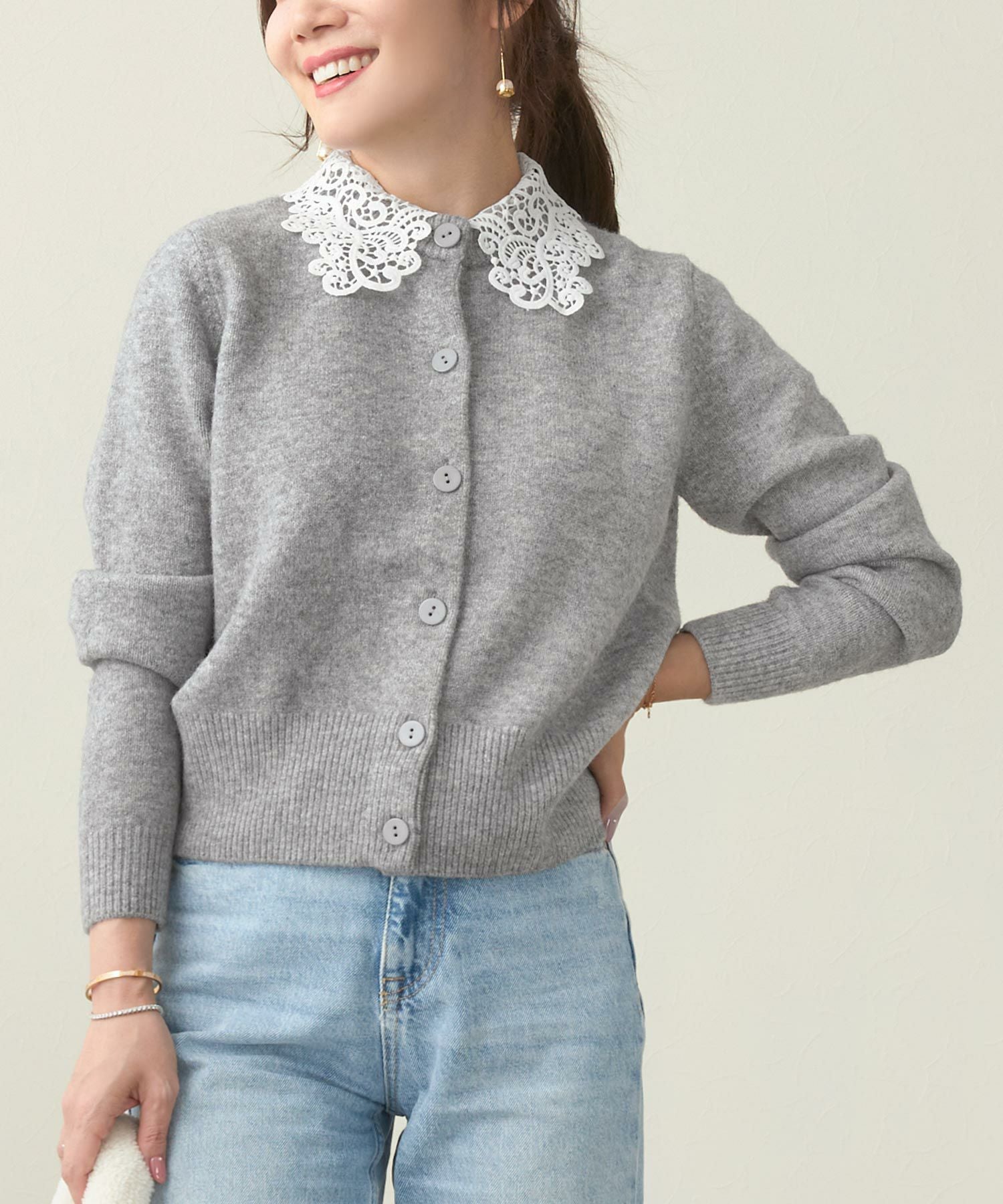 レース襟 取り外し可 ニット カーディガン 長袖 Liala×PG 全2色