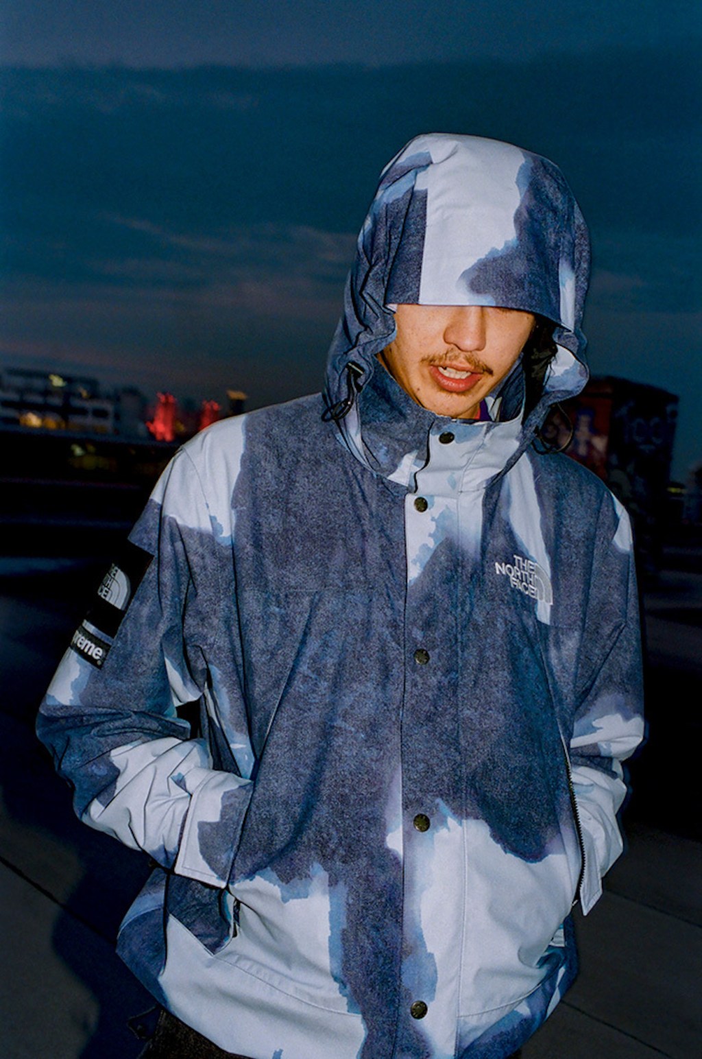 Supreme and North Face Debut Bleached Denim Print Outdoor Range