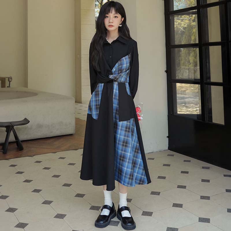 ウエストリボンチェック切り替えシャツワンピース（黒・青・チェック