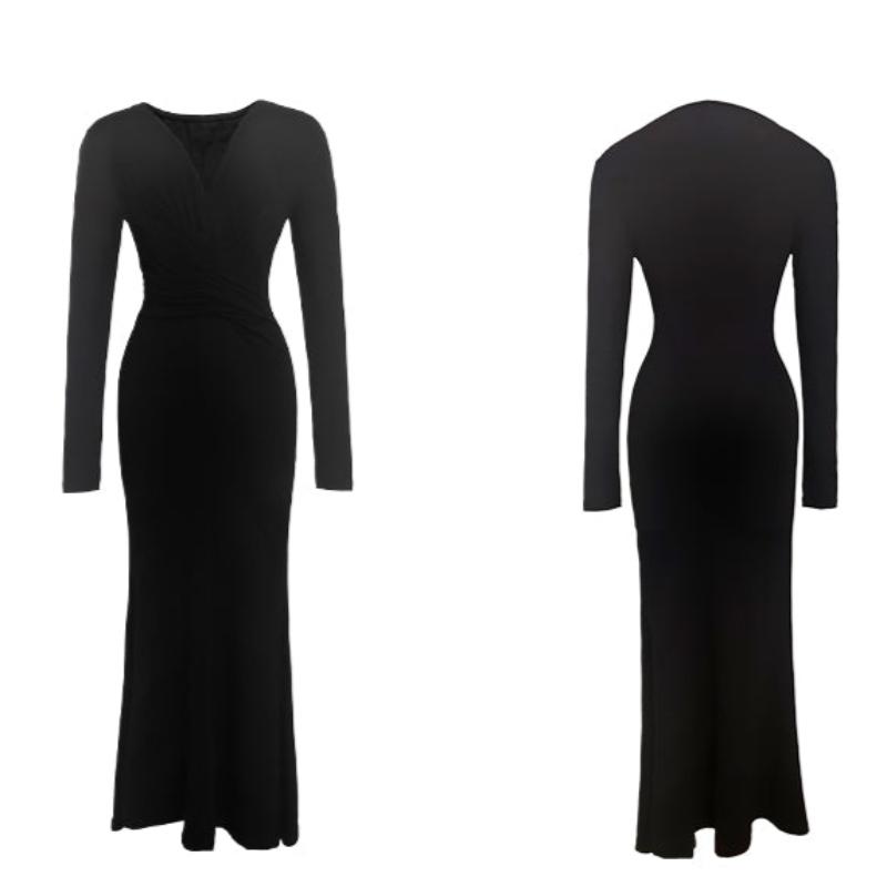 ブラックフィッシュテールドレス（黒）秋/冬 エレガントなVネックドレス