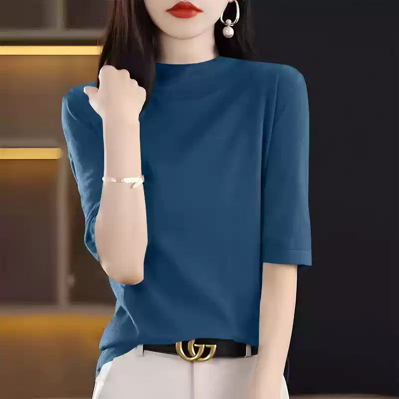 6colors五分袖ボトルネックトップス パープル・ワインレッド・モカ