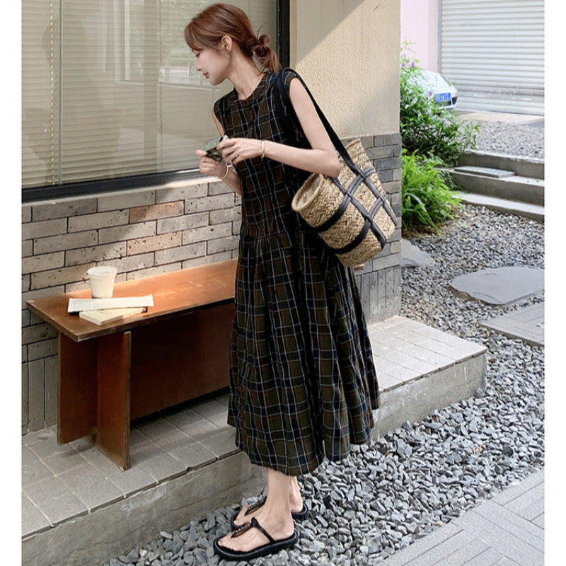 ブラウンチェックノースリーブワンピース (茶) 夏/秋 ロングシーズン着