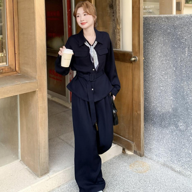 ウエストベルトシャツ×ワイドパンツセットアップ(2colors) (紺・茶) 秋