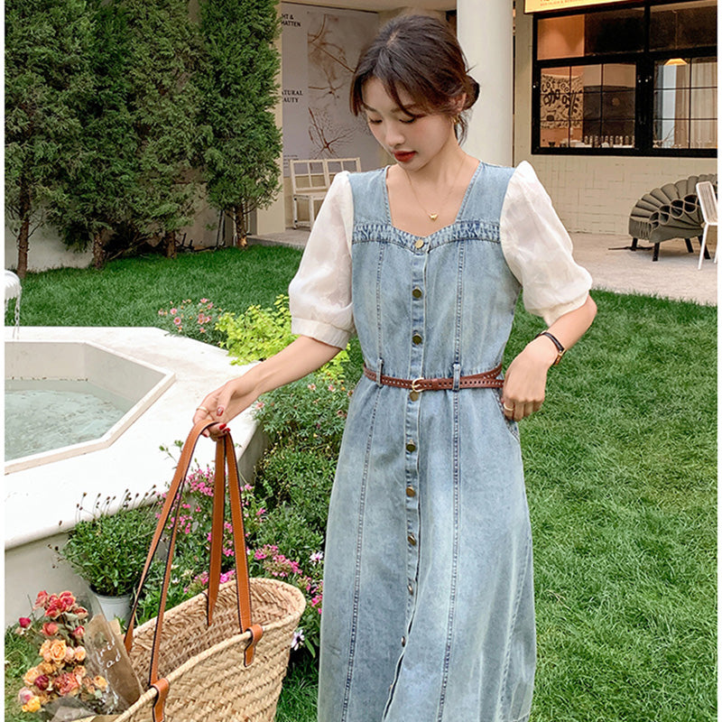 パフスリーブ切り替えデニムワンピース 青・白 春/夏 カジュアル