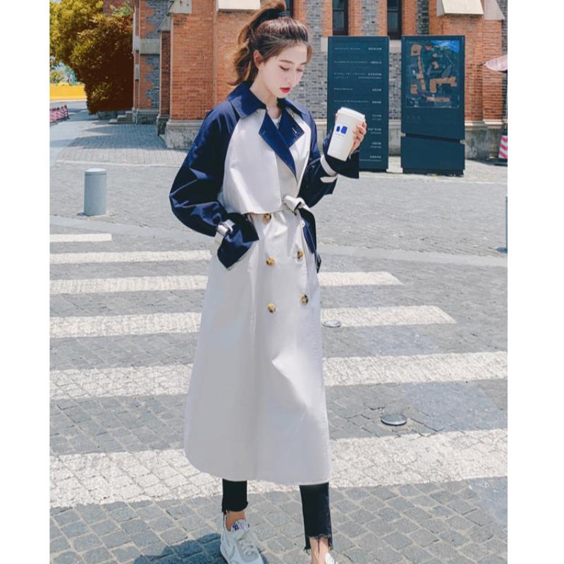 バイカラーミディアム丈トレンチコート(白/青)春秋冬スタイリッシュ