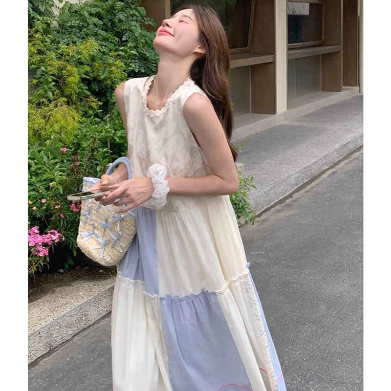 パッチワークノースリーブワンピース（白・水色）春/夏 涼しげな夏ワンピ