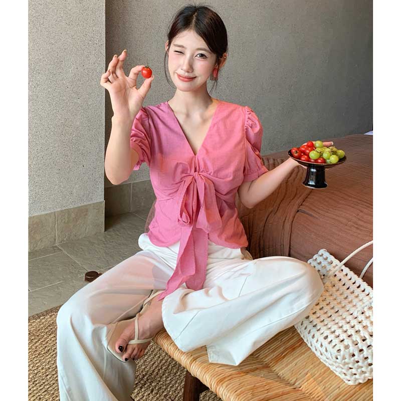 Vネックフロントリボントップス(2colors)（ピンク・青）春/夏 甘さと