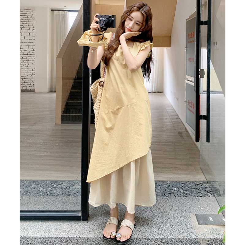 レイヤード風スクエアネックワンピース（黄）春/夏 重ね着風ワンピース