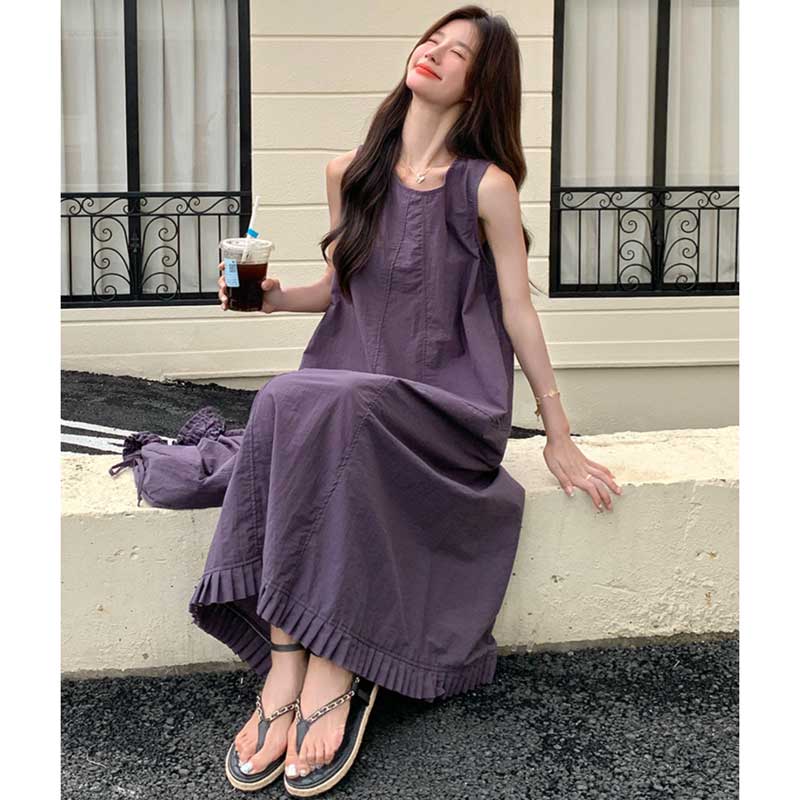 裾プリーツパープルワンピース（紫）春/夏 大人のフェミニンカジュアル