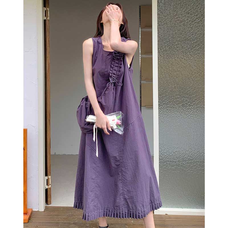 裾プリーツパープルワンピース（紫）春/夏 大人のフェミニンカジュアル