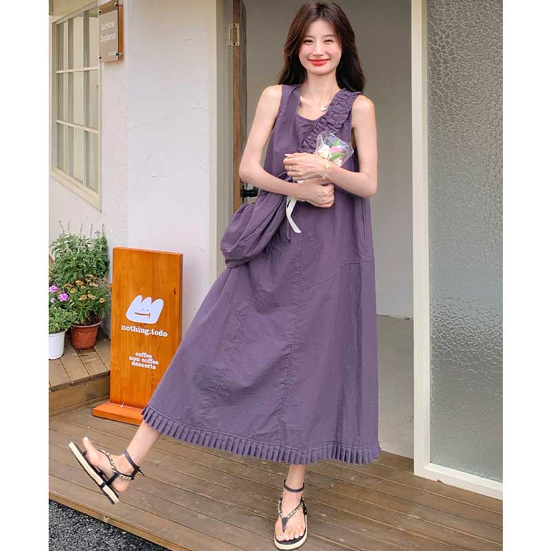 裾プリーツパープルワンピース（紫）春/夏 大人のフェミニンカジュアル
