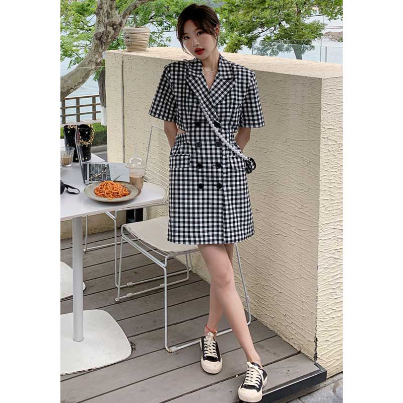 バックオープンギンガムチェックワンピース（黒）春/夏 大人のレトロ
