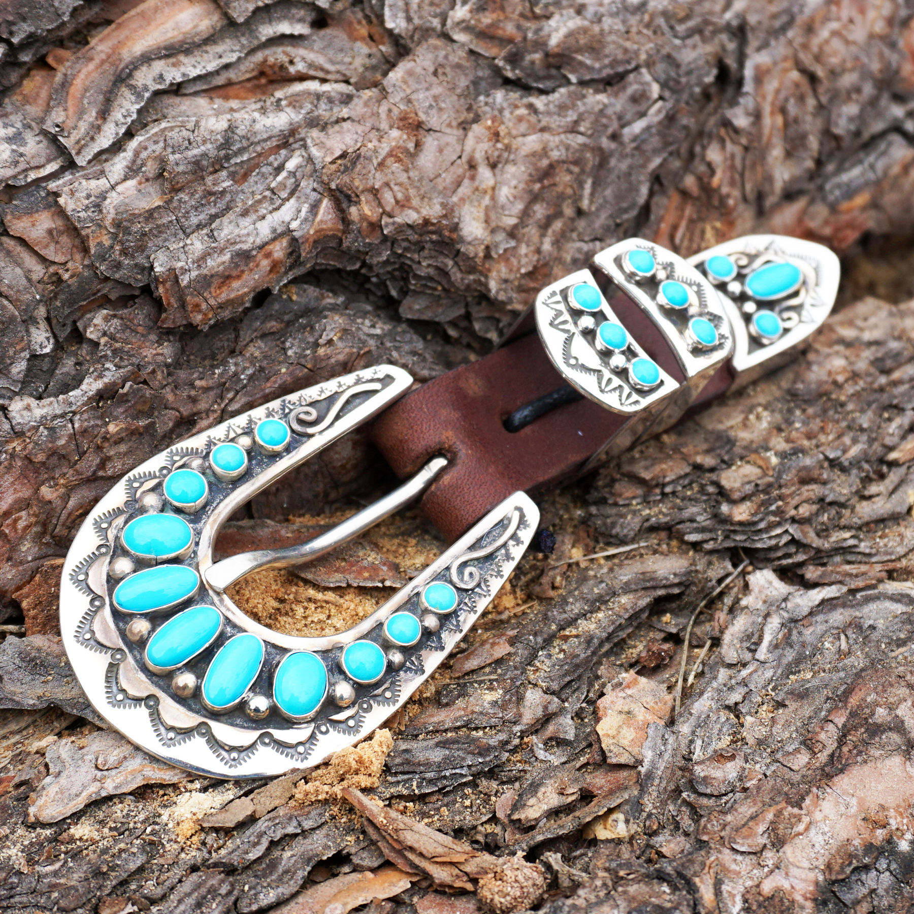 TURQUOISE & STERLING SILVER RANGER SET by LEE CHARLEY – NAVAJO