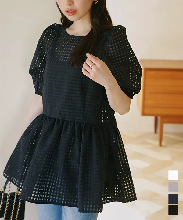 チェックオーガンジーペプラムブラウス [C7056] - レディース